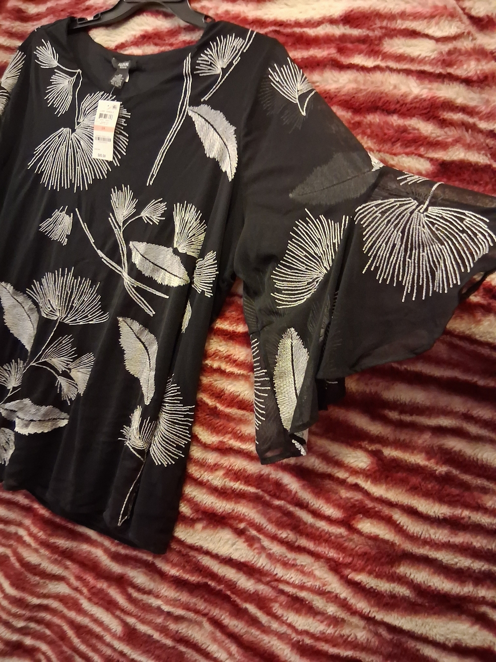Alfani Black Blouse with White Floral Stitching